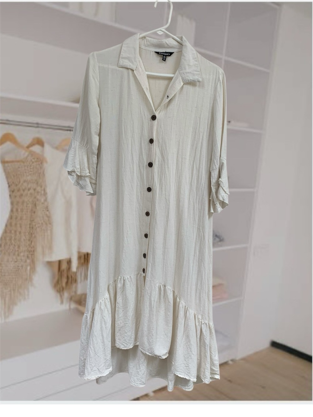 Lightweight Ivory Button-Front Flutter Hem & Sleeve Dress